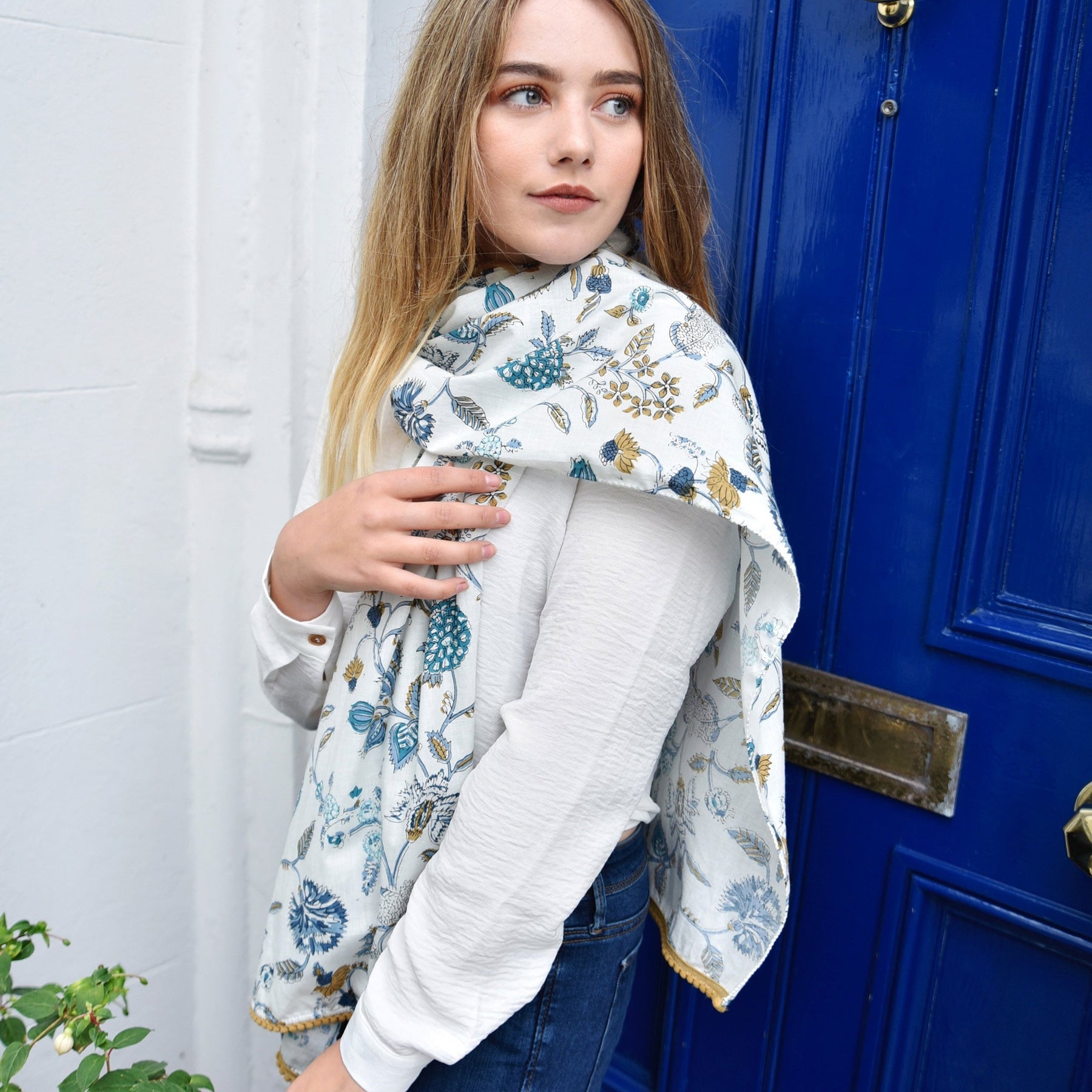 Blue and White Floral Scarf