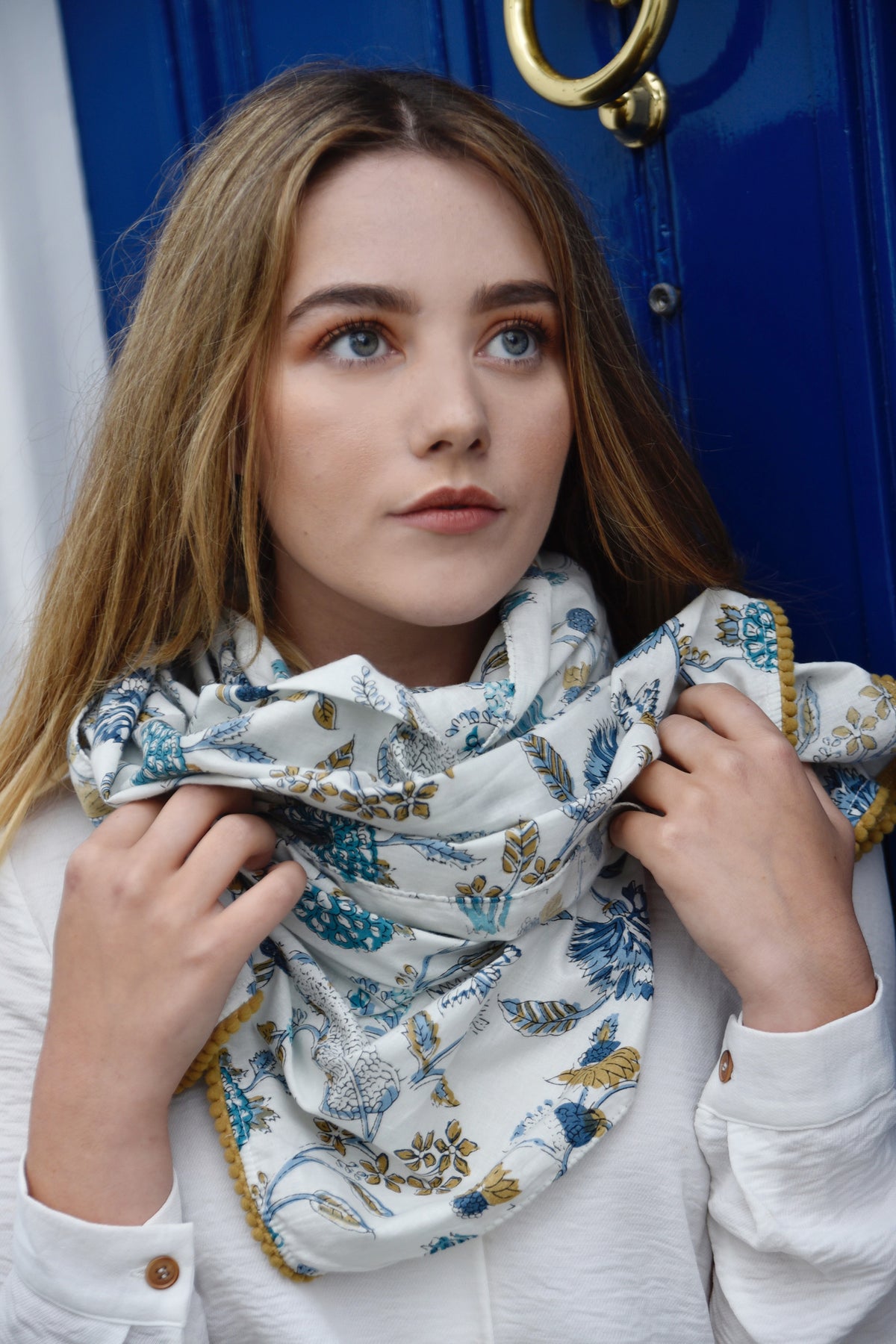 Blue and White Floral Scarf
