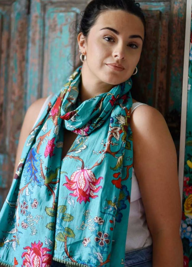 Teal Exotic Flower Scarf With Green Pom Pom Trim