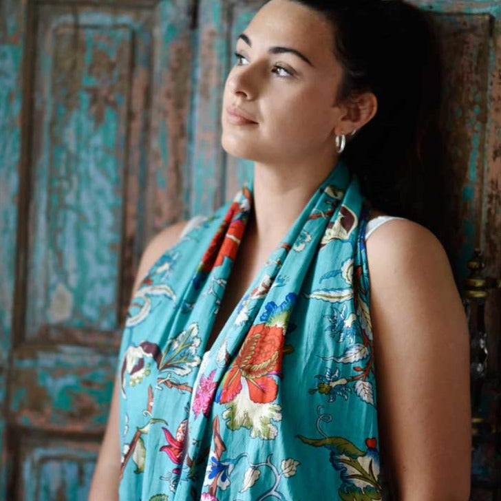 Teal Exotic Flower Scarf With Green Pom Pom Trim