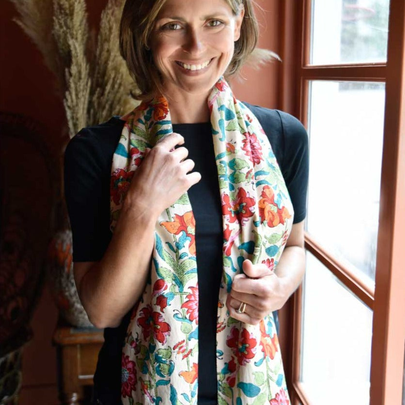 Floral Garden Scarf With Pink Pom Pom Trim