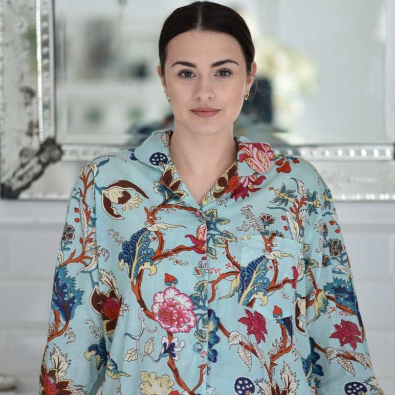 Blue Exotic Flower Print Ladies Pyjamas