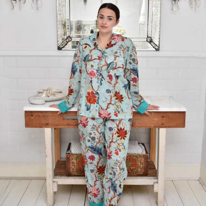Blue Exotic Flower Print Ladies Pyjamas