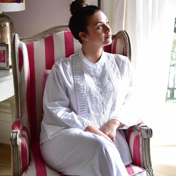 luxury ladies white pyjamas with mandarin collar from powell craft