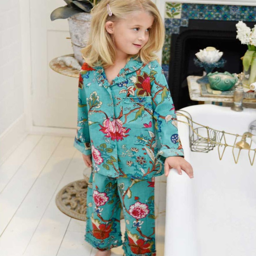 Teal Exotic Flower Print Pyjamas