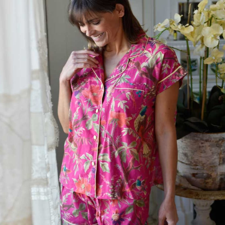 Hot Pink Birds Short Pyjama Set With Piping