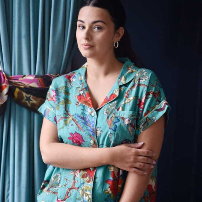 Teal Exotic Flower Short Pyjama Set With Piping