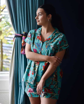 Teal Exotic Flower Short Pyjama Set With Piping