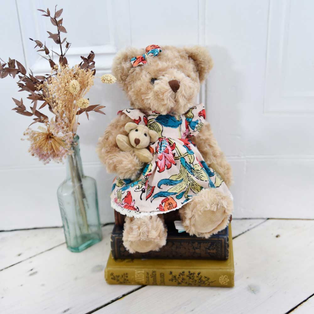 Teddy Bear With Floral Garden Print Dress And Baby