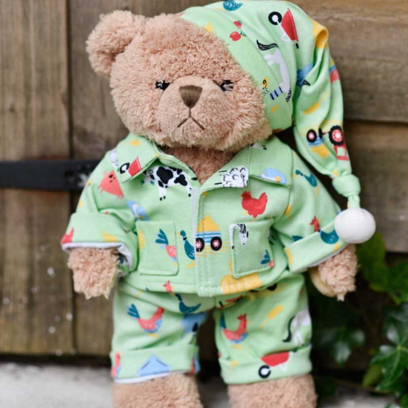 Teddy Bear Wearing Farmyard Pyjamas And Nightcap