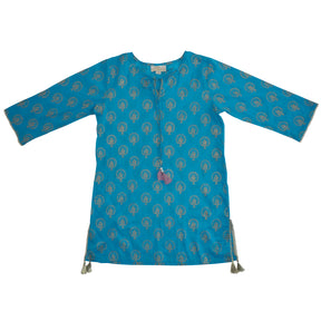 Turquoise Kaftan With Gold Peacock Print