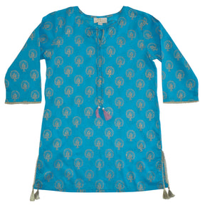 Turquoise Kaftan With Gold Peacock Print