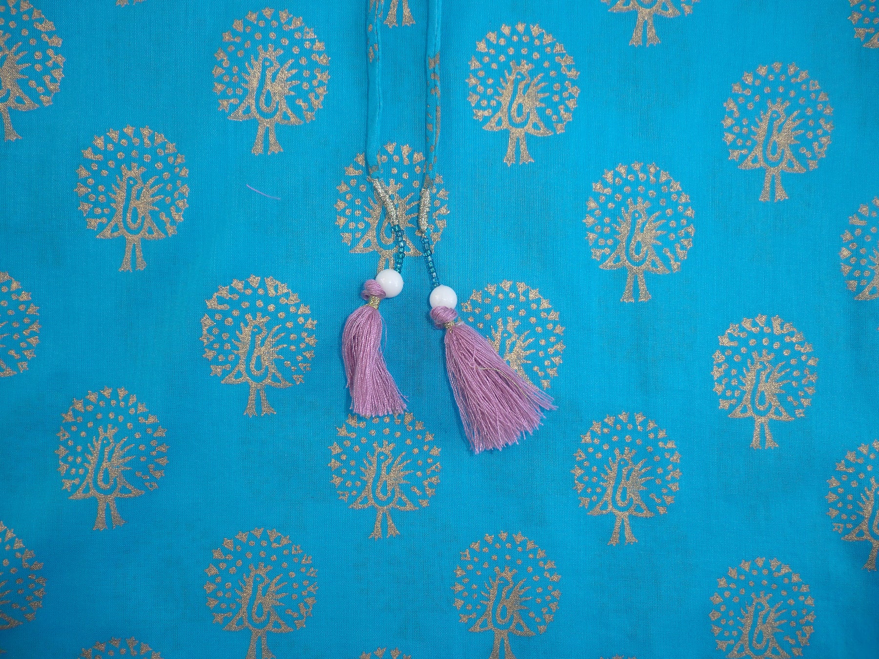 Turquoise Kaftan With Gold Peacock Print
