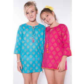 Turquoise Kaftan With Gold Peacock Print