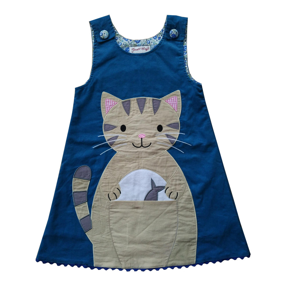 Cat Applique Teal Blue Cord Dress