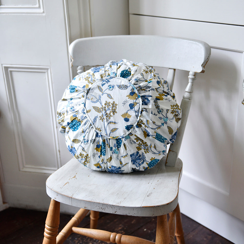Blue & White Floral Print Round Cushion With Pad 45cm On Chair