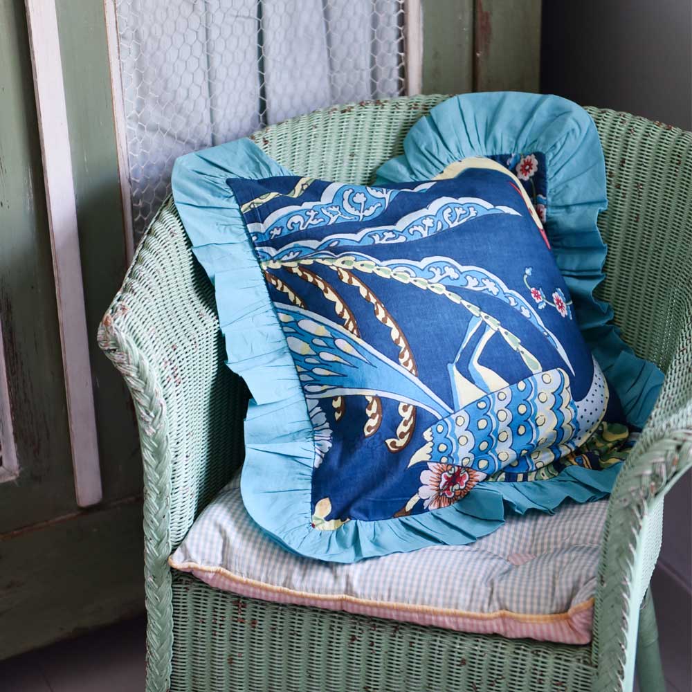 Blue Floral Exotic Bird Print Square Cushion With Pad 45cm
