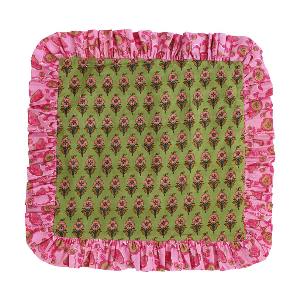 Green Floral Cushion With Pink Ruffle Trim
