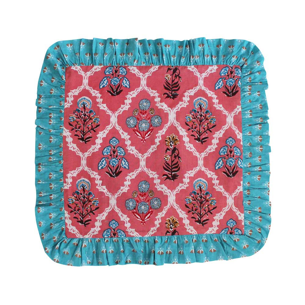 Pink Floral Cushion With Blue Ruffle Trim