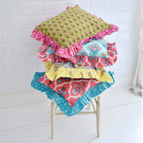 Green Floral Cushion With Pink Ruffle Trim
