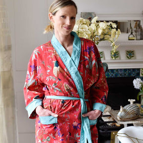 Red Exotic Bird Print Dressing Gown