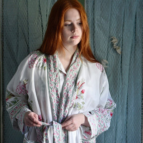 Pink & Mint Green Block Print Floral Dressing Gown