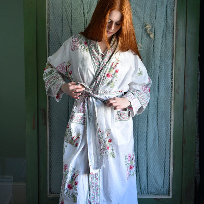 Pink & Mint Green Block Print Floral Dressing Gown Pink & Mint Green Block Print Floral Dressing Gown