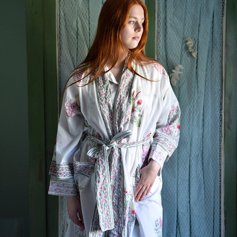 Pink & Mint Green Block Print Floral Dressing Gown