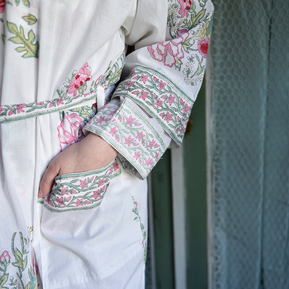 Pink & Mint Green Block Print Floral Dressing Gown