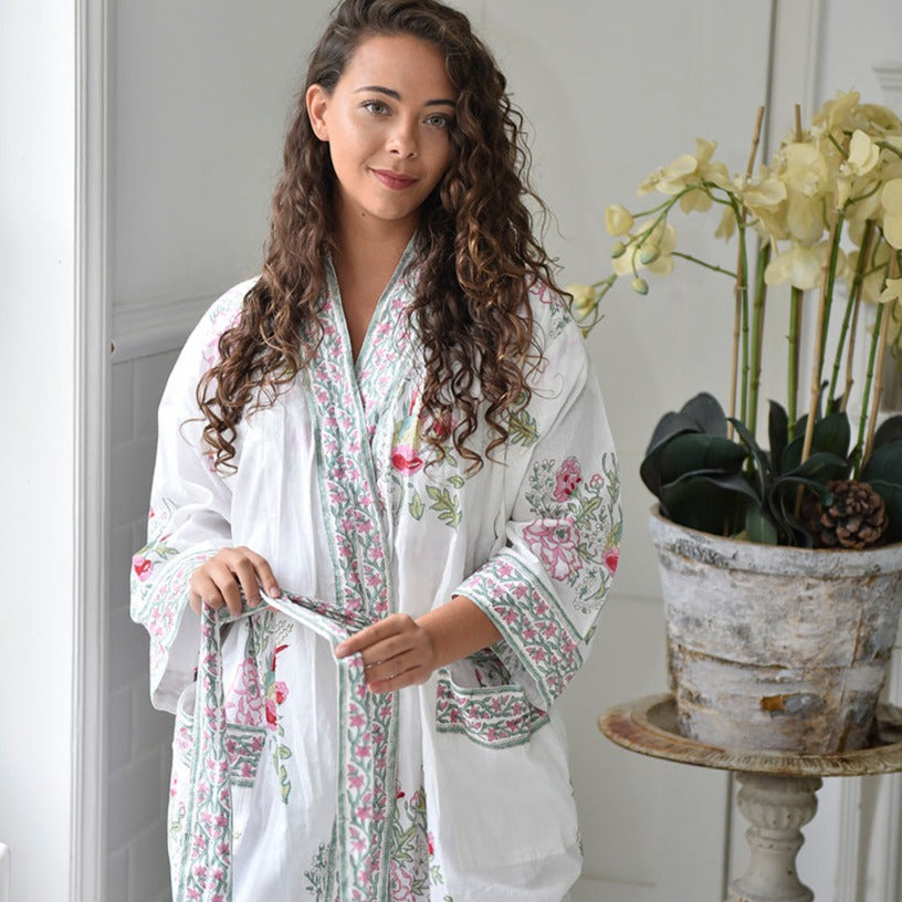 Pink & Mint Green Block Print Floral Dressing Gown Pink & Mint Green Block Print Floral Dressing Gown