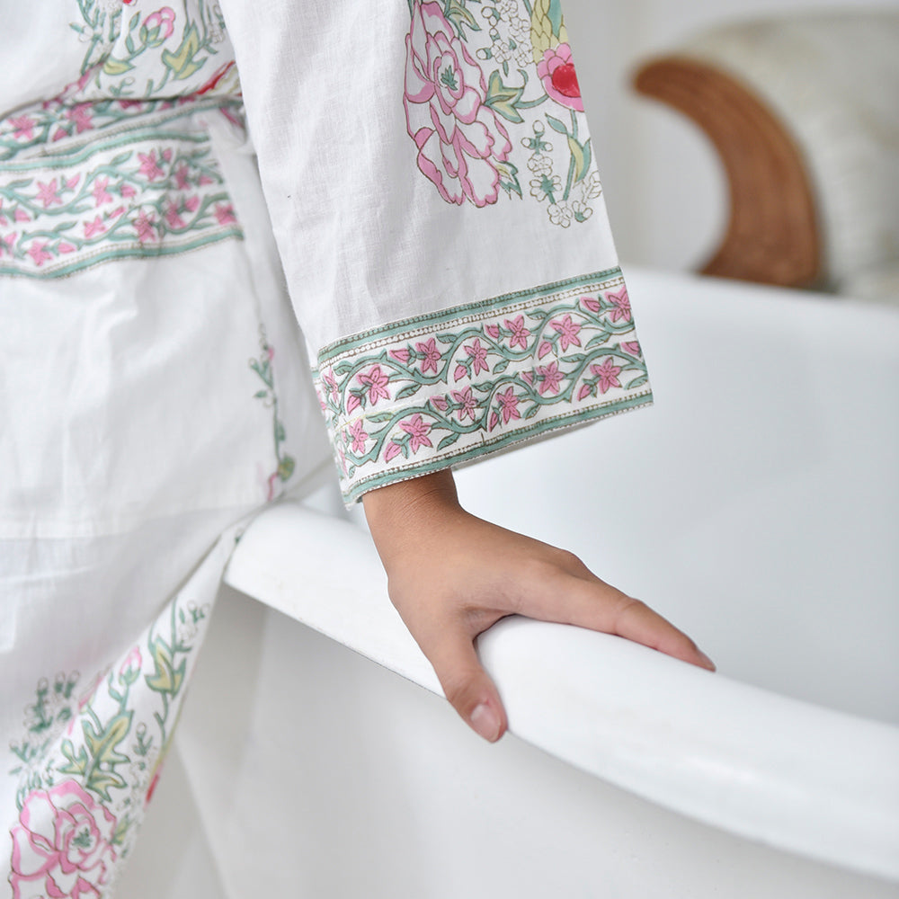 Pink & Mint Green Block Print Floral Dressing Gown