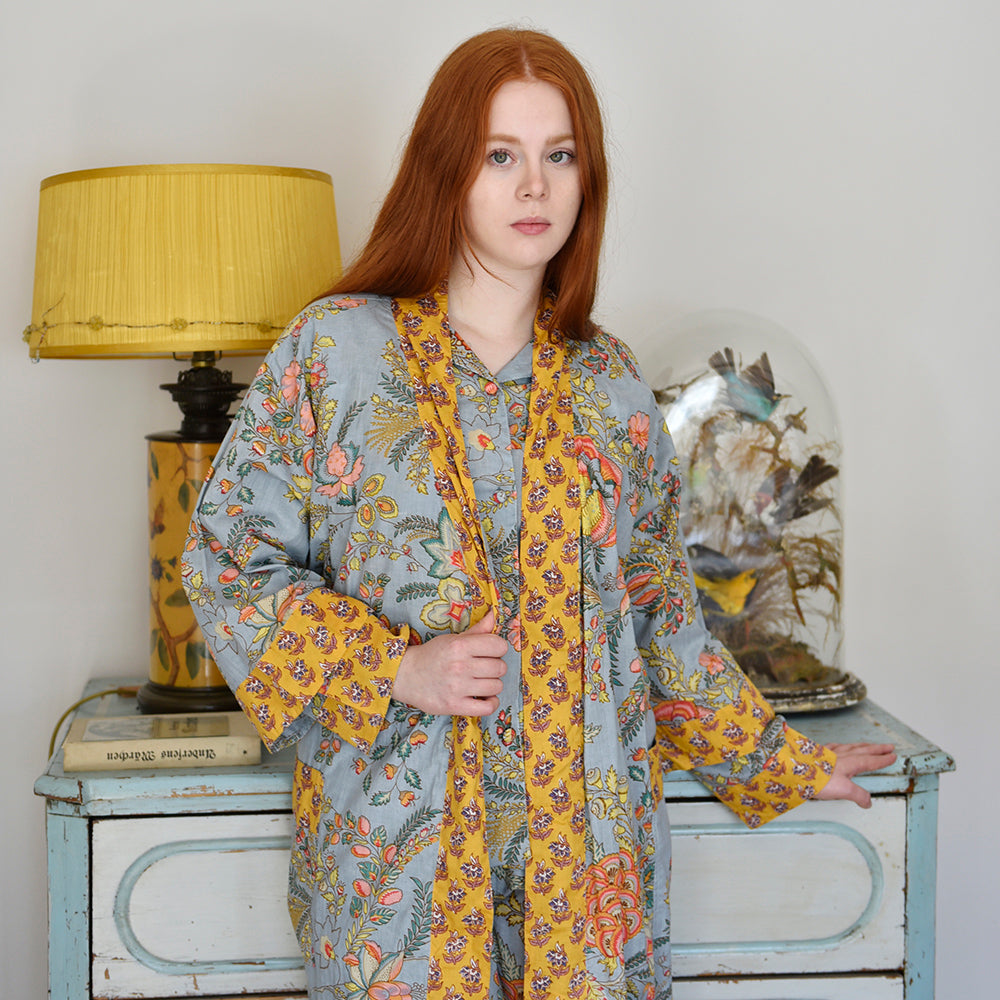 Mustard Floral Print Dressing Gown