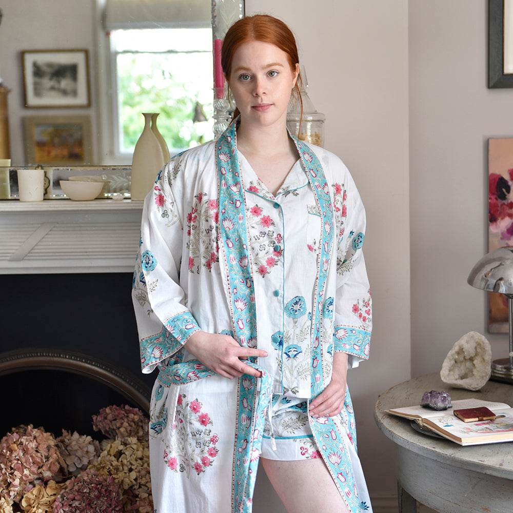 Blue & Pink Floral Block Print Dressing Gown