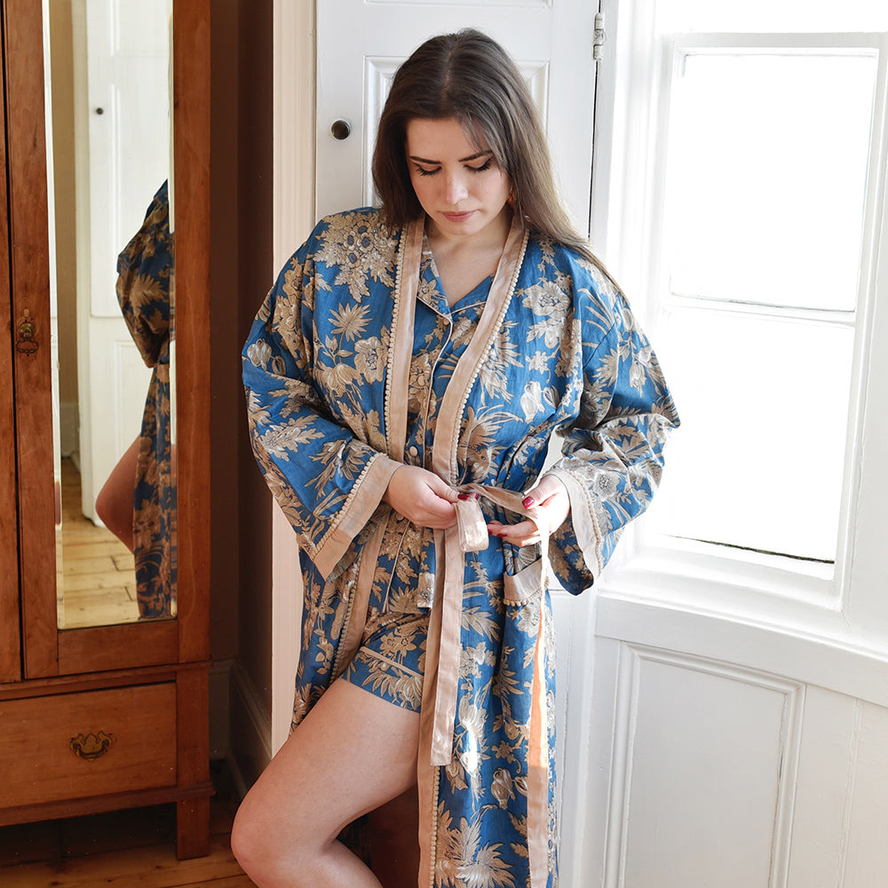 blue floral dressing gown Corina Kimono Style Ditsy Floral Print Robe In Blue | Nightwear