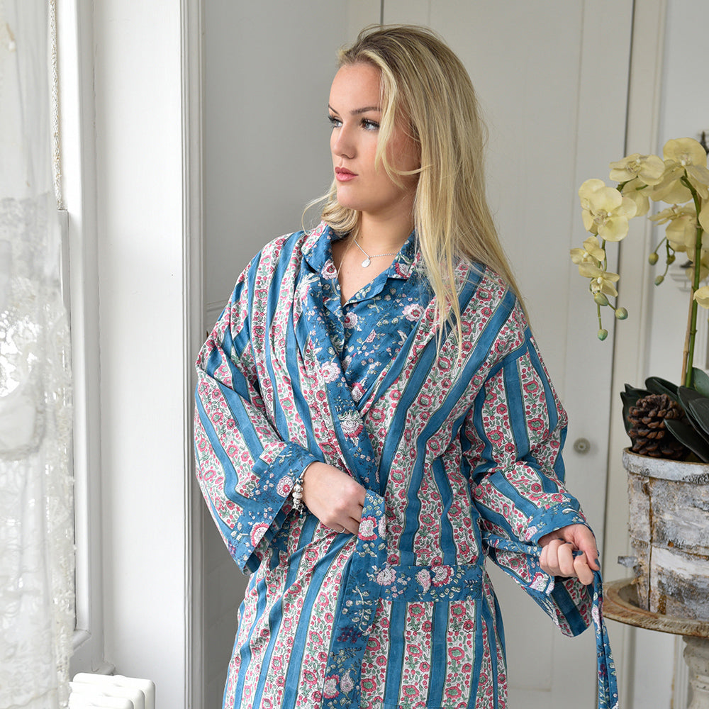 Inky Blue, Pink & Green Mixed Floral & Stripe Print Dressing Gown