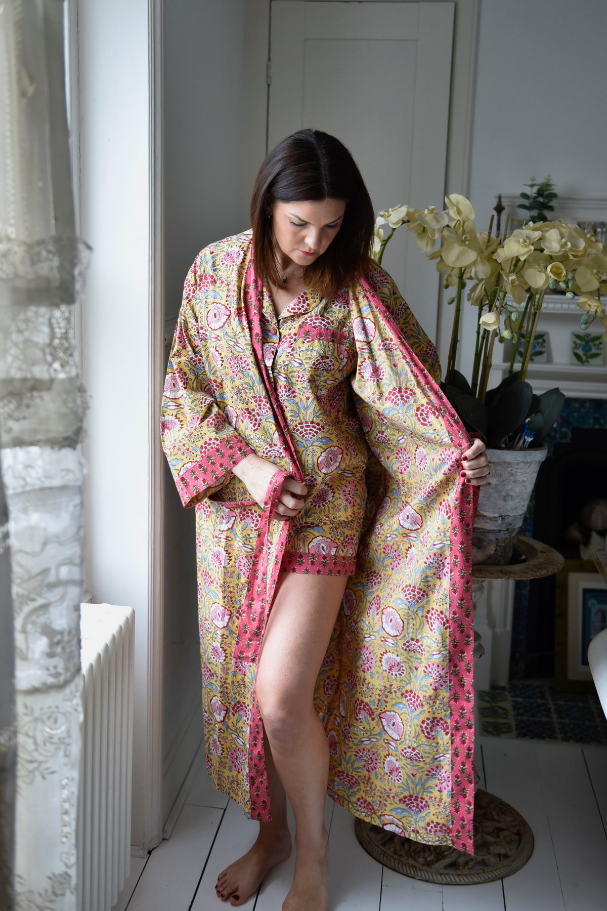 Yellow & Pink Carnation Print Dressing Gown
