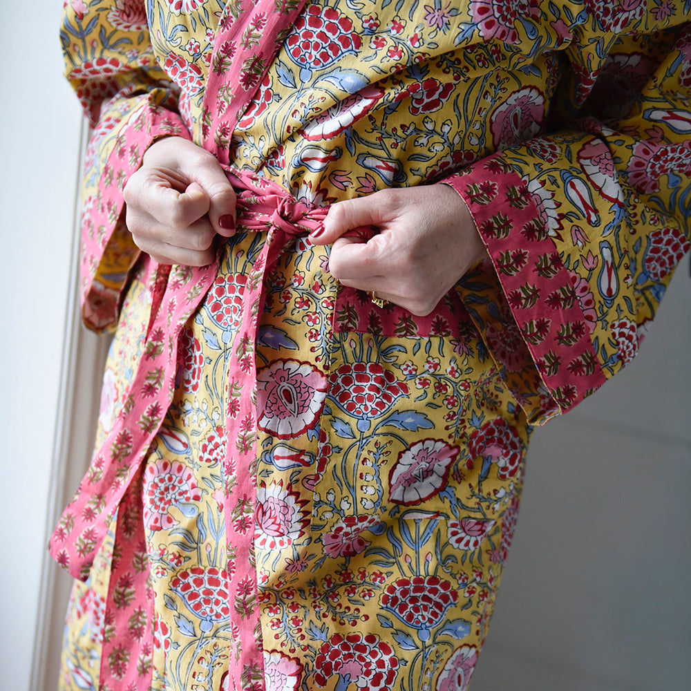 Yellow & Pink Carnation Print Dressing Gown