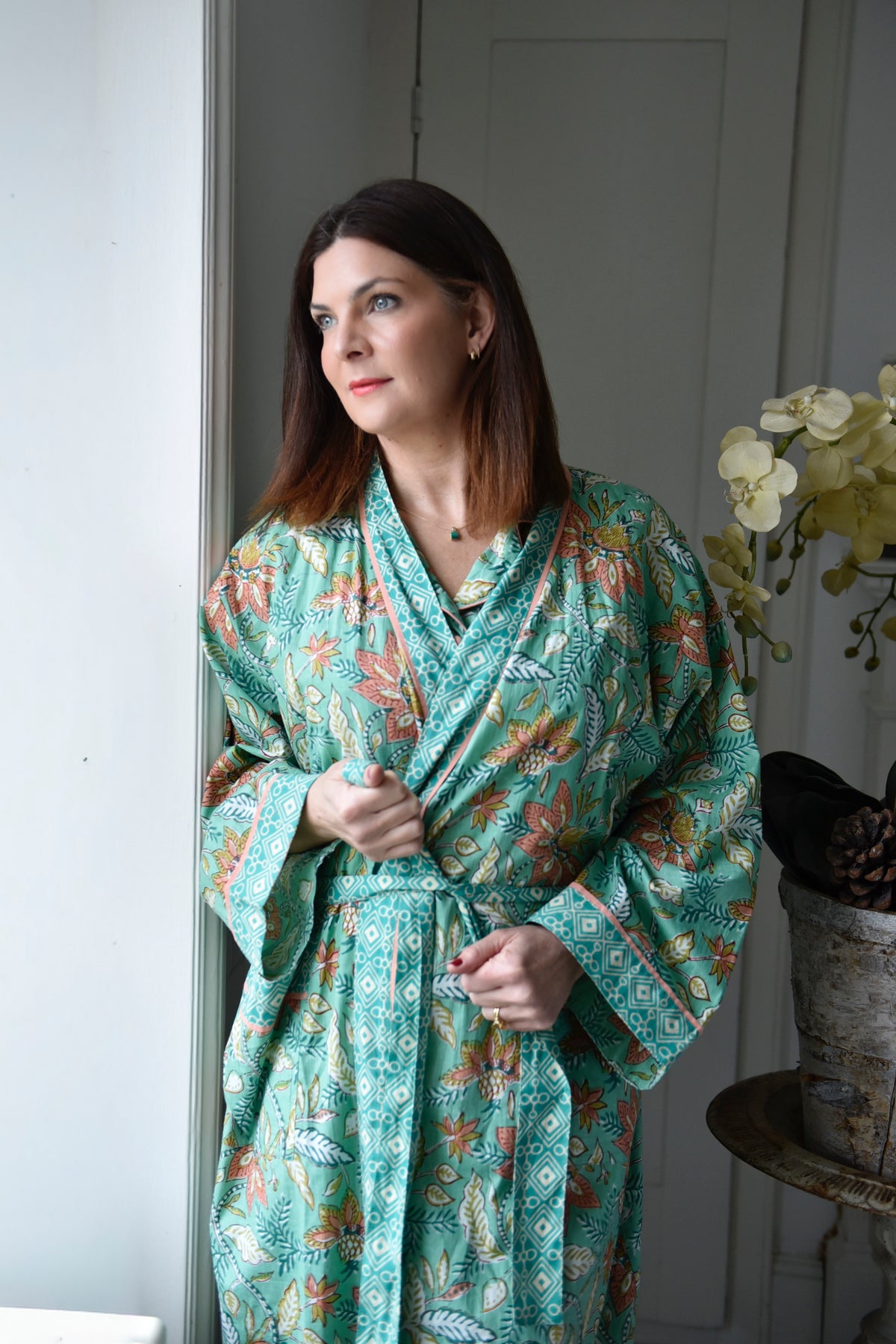 Turquoise, Pink & Olive Block Floral Print Dressing Gown
