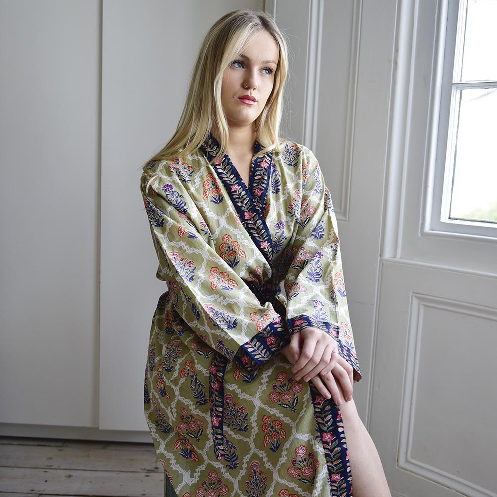 Green Framed Small Floral Block Print Dressing Gown