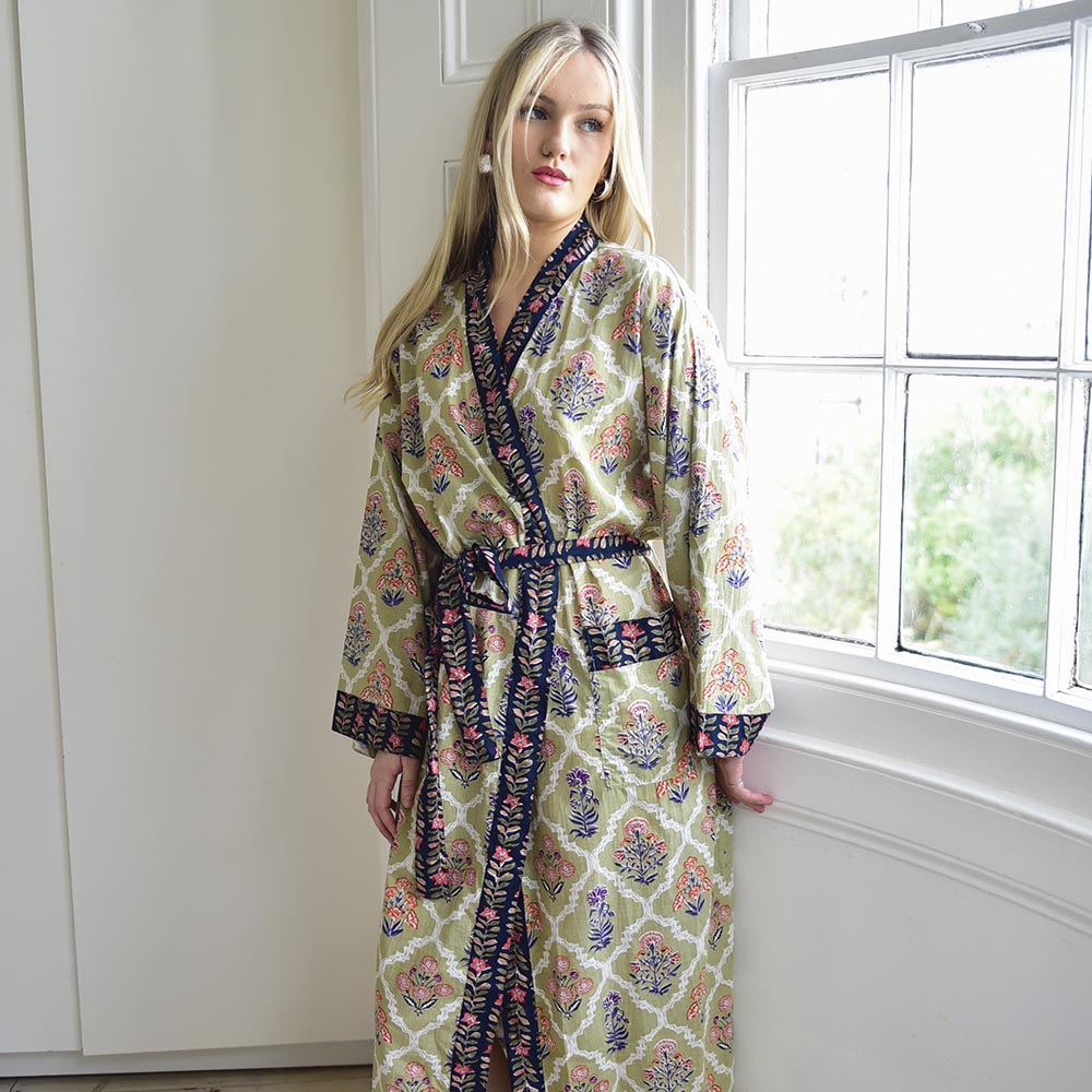 Green Framed Small Floral Block Print Dressing Gown