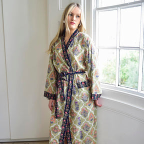 Green Framed Small Floral Block Print Dressing Gown