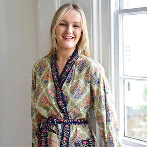 Green Framed Small Floral Block Print Dressing Gown