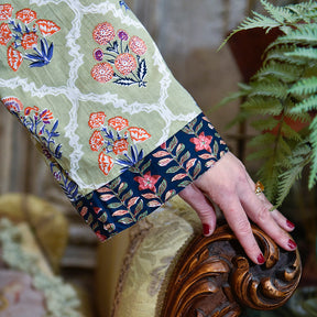 Green Framed Small Floral Block Print Dressing Gown
