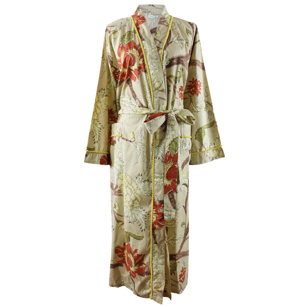 Beige, Olive & Burnt Orange Large Botanical Print Dressing Gown