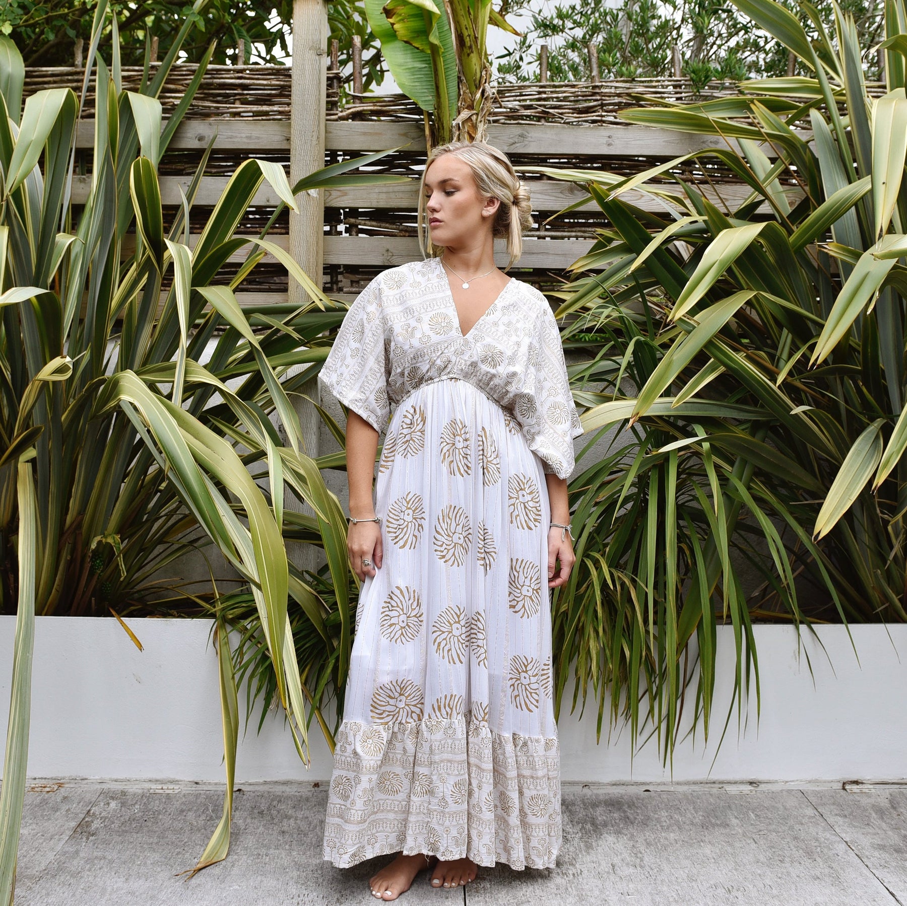 Heather, White & Gold Mixed Print Batwing Crepe Dress Heather, White & Gold Mixed Print Batwing Crepe Dress