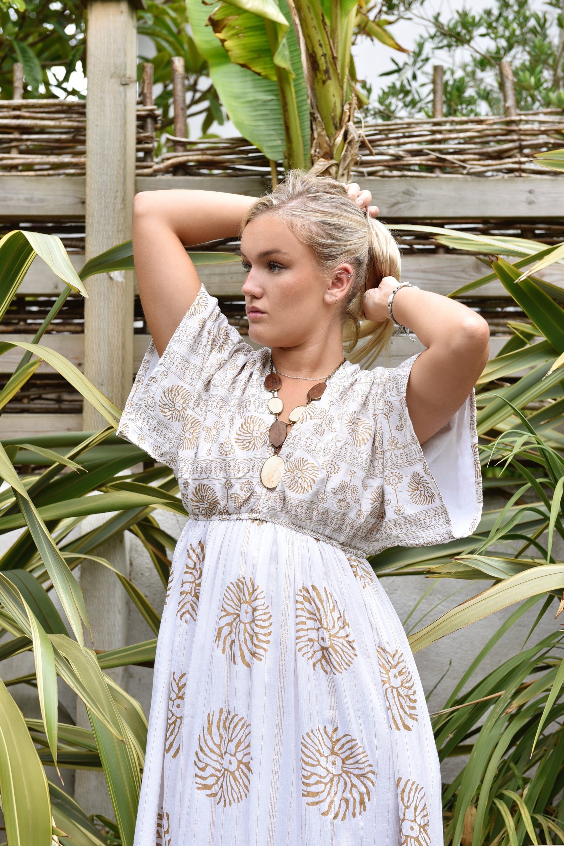 Heather, White & Gold Mixed Print Batwing Crepe Dress Heather, White & Gold Mixed Print Batwing Crepe Dress