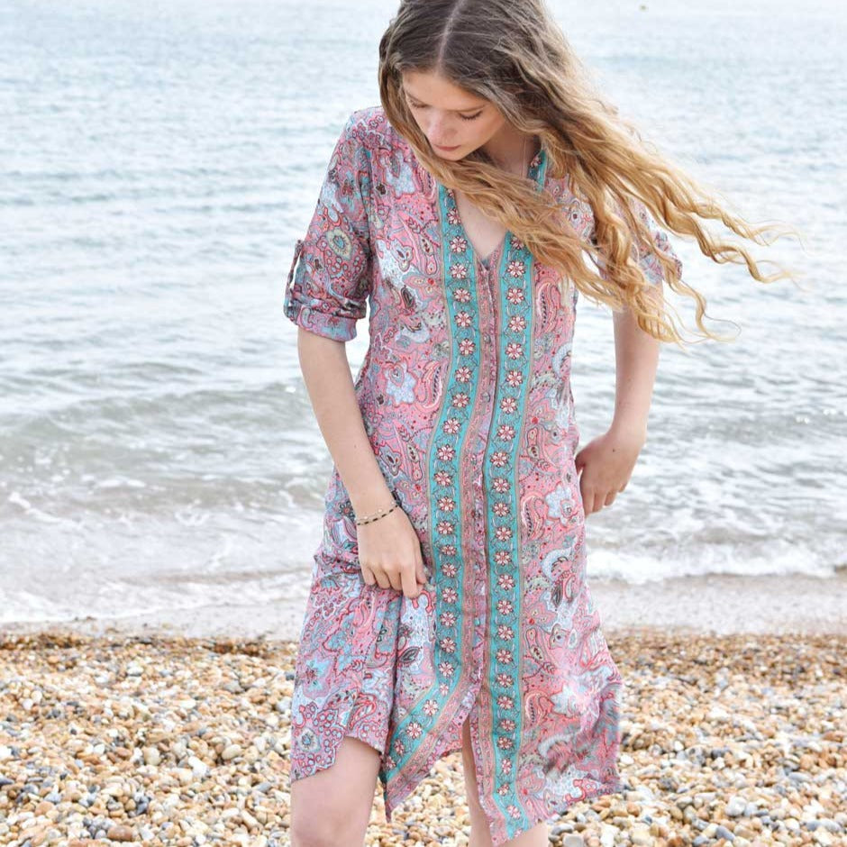 ‘Mae’ Blue, Pink and Red Floral Viscose Shirt Dress