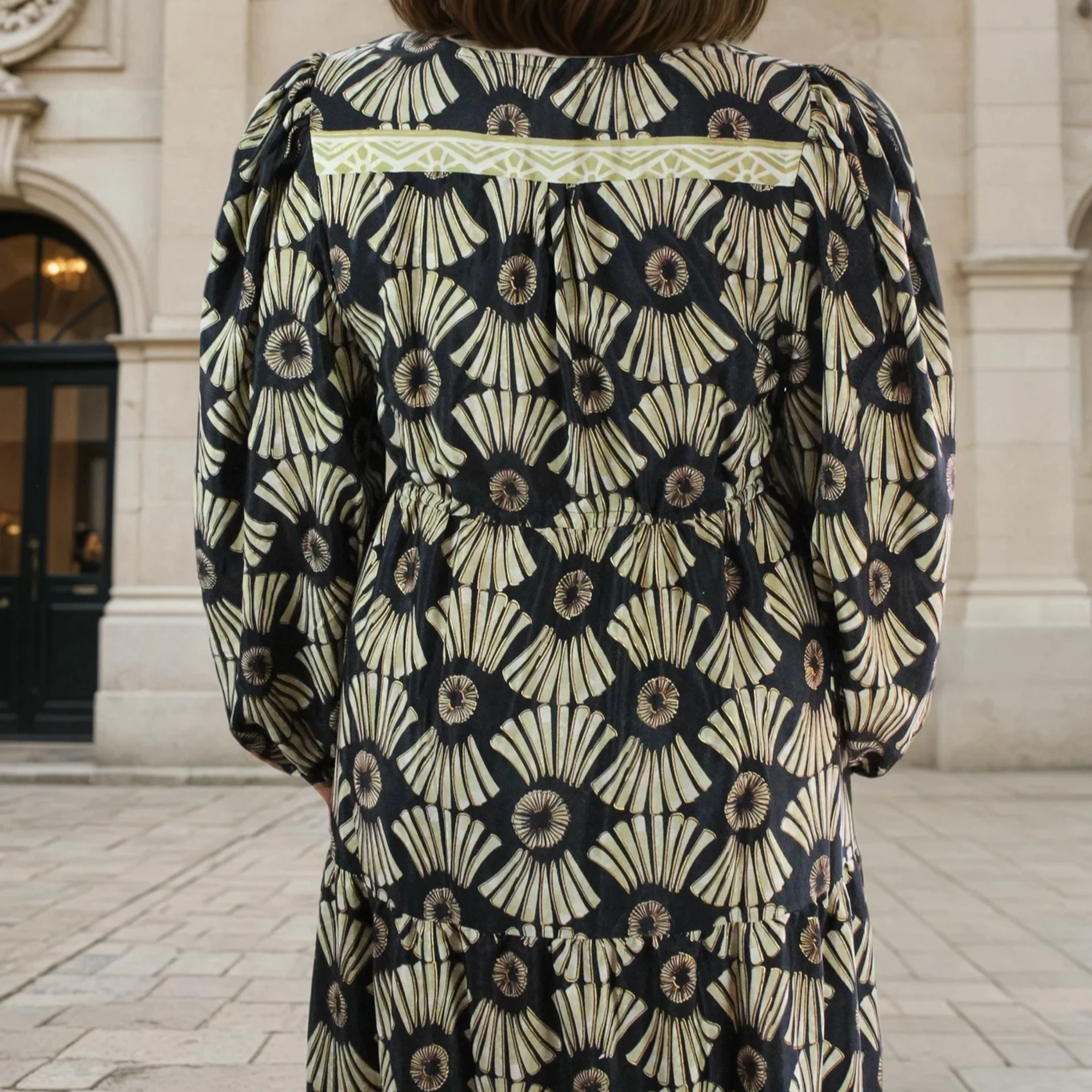 Netra, Black & Gold Fan Print Viscose Long Sleeve Dress