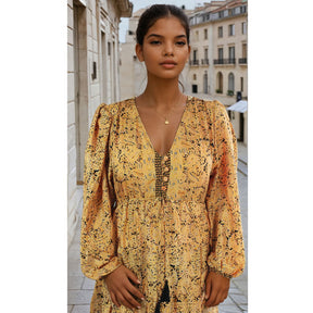 Goldie, Black & Mustard Viscose Long Sleeve Dress