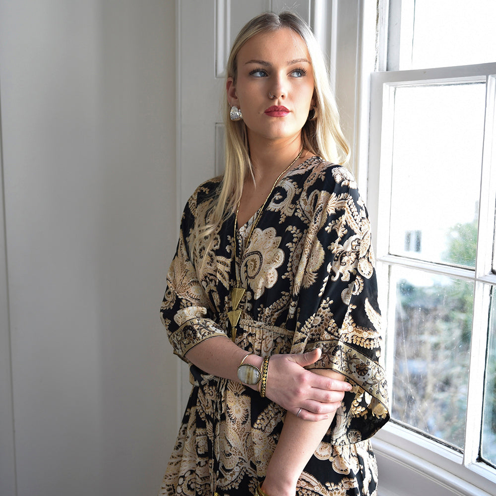 Harper, Black & Gold Baroque Floral Print Batwing Viscose Dress With Tassels
